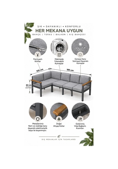 Balkon L Koltuk 5 Kişilik Köşe Takımı, Bahçe Ve Teras Mobilyası Beyaz
