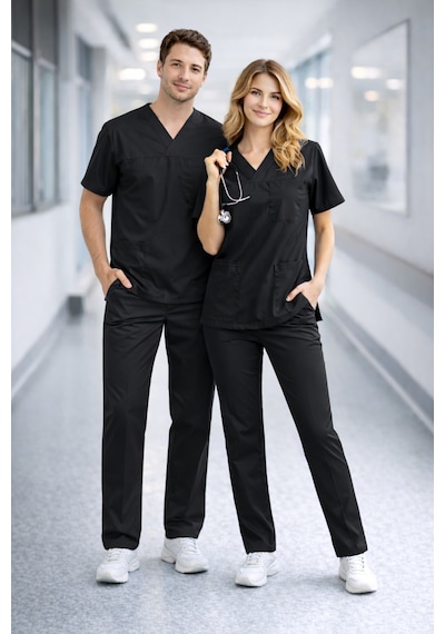 Likralı Hemşire Doktor Forması Premium Belinda Soft Kumaş Scrubs Hastane Üniforması Cerrahi Takım Siyah