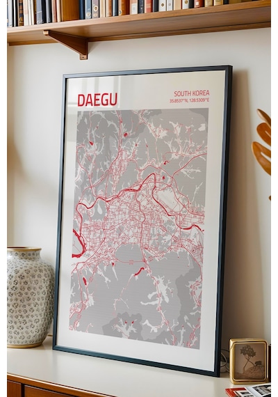Daegu Güney Kore Haritası Çerçeveli Tablo Lüks Salon Ofis Duvar Dekorasyonu Hediyelik Tablo Siyah