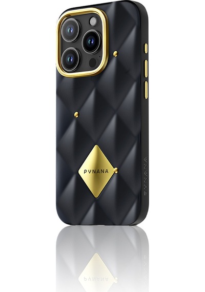 Apple Uyumlu iPhone 16 Pro Kılıf Parlak Arka Yüzeyli Kabartma Kapitone Pynana Metal Diamond Serisi Kapak Siyah