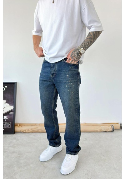 Eskitme Mavi Splash Baggy Pantolon