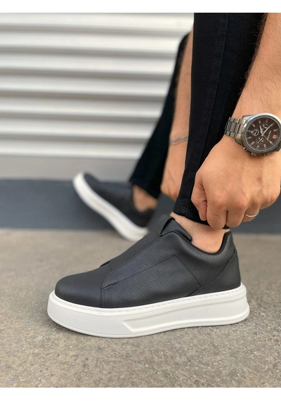 Mevese Torino Erkek Bağcıksız Cilt Günlük Sneaker Ayakkabı Ortopedik Kalın Taban Siyah