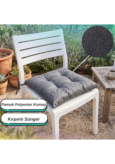 2'li Set 45x45 Cm Antrasit Bağcıklı Sandalye Minderi - Pamuk Polyester Kumaş Kırpıntı Süngerli Bahçe Ve Mutfak Sandalye Minderi Antrasit - Gri