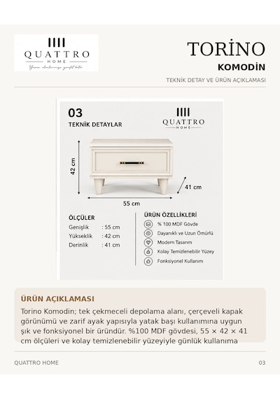 Torıno Komodin Çekmeceli Beyaz