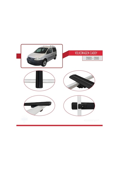 Volkswagen Caddy 2003-2010 Arası İle Uyumlu Basic Model Ara Atkı Tavan Barı Siyah 3 Adet