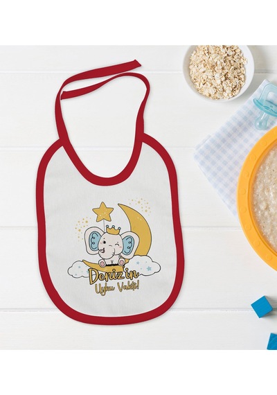 BK Kids Kişiye Özel Uyku Vakti Tasarımlı Kırmızı Bebek Mama Önlüğü Kırmızı