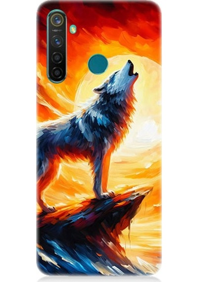Realme 5 Pro Uyumlu Kayalıkta Uluyan Kurt Yalnızlığı Desenli Silikon Kılıf Çok Renkli