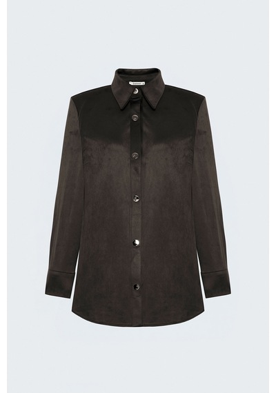 Sateen Çıtçıt Detaylı Süet Gömlek - Kahve-138122