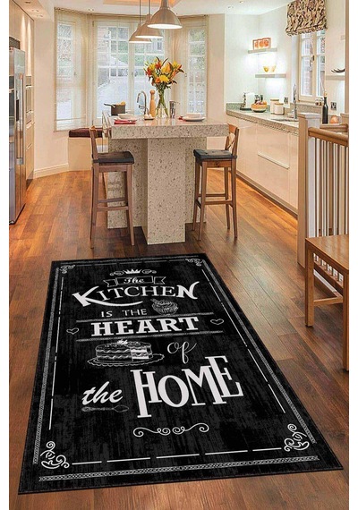 Siyah Kaymaz Tabanlı Kitchen Yazılı Mutfak Halısı Ar465