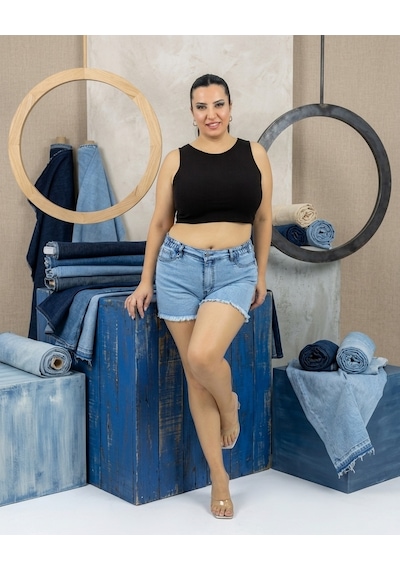 Büyük Beden Lastikli Yüksek Bel Püsküllü Kısa Denim Cepli Kadın Şort Mavi