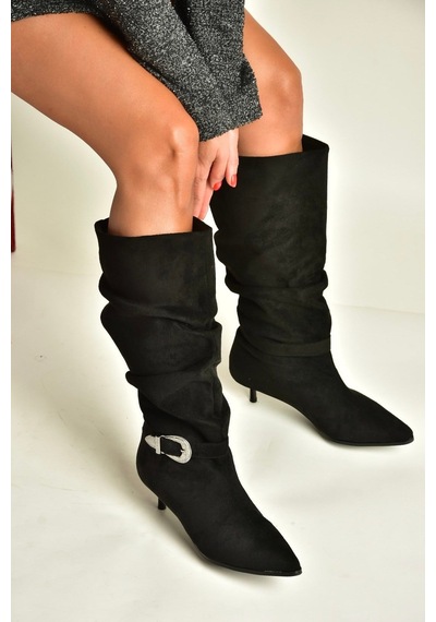 Fox Shoes Z726105702 Siyah Süet İnce Topuklu Büzgülü Kadın Çizme