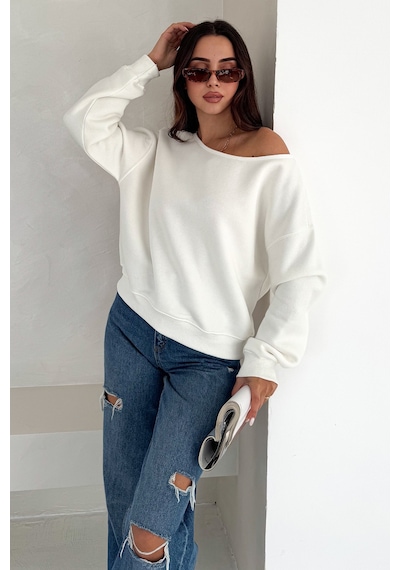 Noa & Noa Kadın Omuz Detaylı Polar Sweatshirt Rahat & Feminen Stil Beyaz