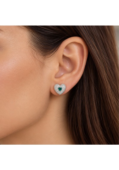 Servi 925 Ayar Gümüş Emerald Love Zümrüt Rengi Taşlı Kalp Küpe-542