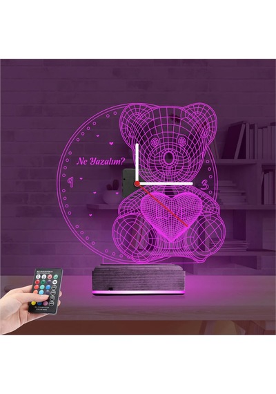 Luvivia Ayıcık Kalp Tasarım Kişiye Özel Saatli 3d Lamba - Masa Gece Lambası Şeffaf