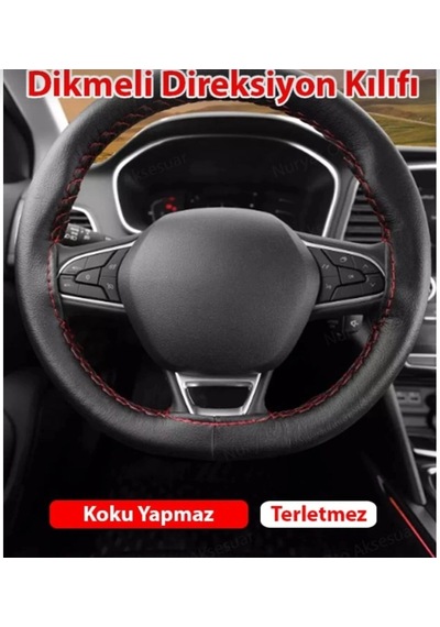 Otomobil Siyah Düz Suni Deri Kırmızı İpli Dikmeli Direksiyon Kılıfı Çok Renkli