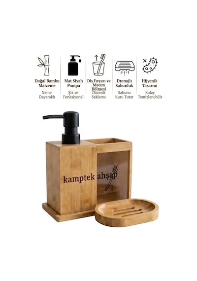 Kamptek Ahşap Bambu Banyo Düzenleyici Set - Katı + Sıvı Sabunluk Ve Diş Fırçalık Organizer Renkli