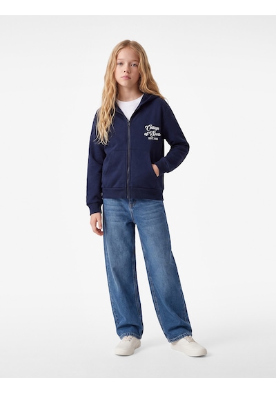 Koton Cepli Uzun Kollu Baskılı Oversize Kapşonlu Fermuarlı Sweatshirt Lacivert 7wkg10018ak