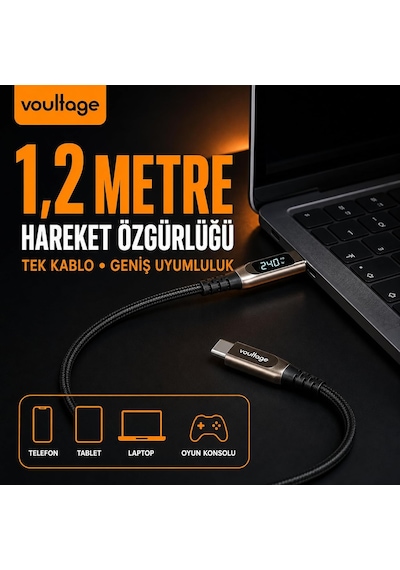 Type-c To Type-c 240w 1.2 M Dijital Watt Göstergeli Metal Uçlu Şarj Kablosu İphone 17, 16, 15, Samsung Galaxy S24, S23, Pixel, İpad, Macbook, Nintendo, Xiaomi Uyumlu, Siyah