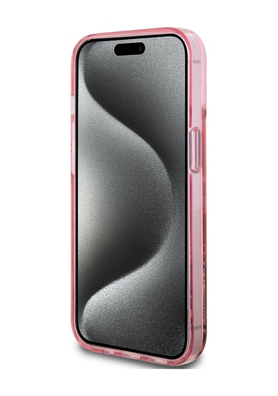 Apple Uyumlu iPhone 14 Kılıf Guess Lisanslı Transparan Sıvılı Simli Altın Çizgili Kapak Pembe