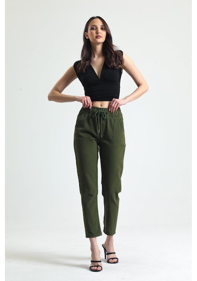 Kene Jeans Kadın Haki Beli İpli Kemer Lastik Keten Mom Pantolon Haki
