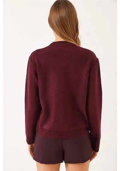 Mevese Kadın Peluş Teddy Ayıcık Nakışlı Bisiklet Yaka Basic Triko Kazak - Bordo