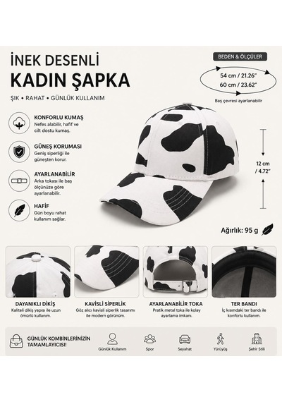 Valkyrie İnek Desenli Kadın Şapka Ayarlanabilir Baseball Cap Siyah Beyaz Spor Günlük Unisex Siyah - Beyaz
