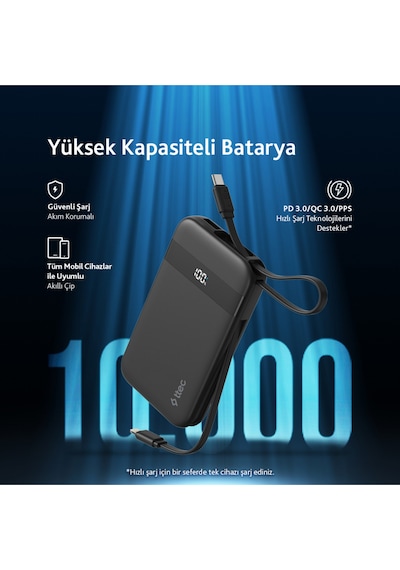 Ttec 2BB225S Recharger Pro LCD 10.000 mAh PD 30W Lightning Ve USB-C Dahili Kablolu Taşınabilir Powerbank