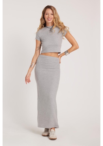 Tudors Kadın Slim Fit Dar Kesim Yırtmaçlı Gri Etek-41344 Gri