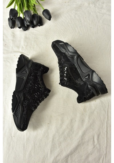 Fox Shoes Siyah Metal Taş Detaylı Kadın Spor Ayakkabı M444302814 Siyah-sim Siyah