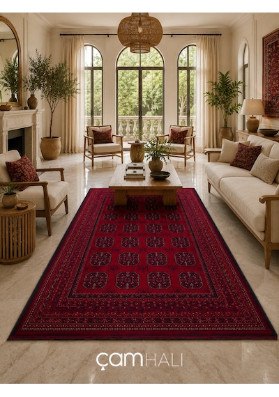 Eko Halı Herat Her 02 Red Afgan Desenli Viskon Sıkı Dokuma Kaymaz Tabanlı İnce Makine Halısı Kırmızı