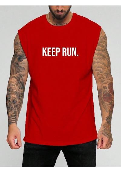 Keep Run. Baskılı Kolsuz Tişört Kirmizi