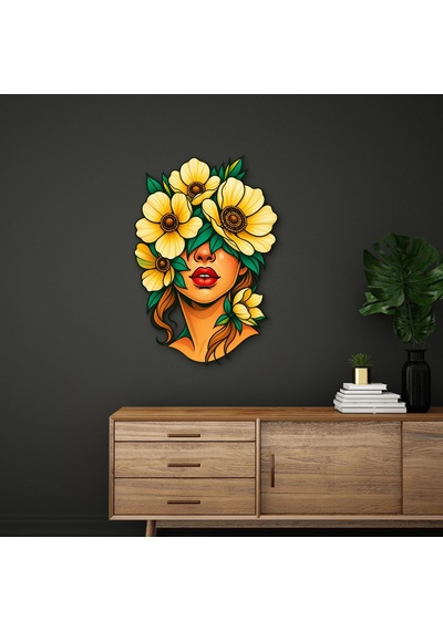 Sarı Çiçeklerle Örtülü Kadın Portresi - Metal Tablo - Dec0280 55 X 80 Cm Çok Renkli