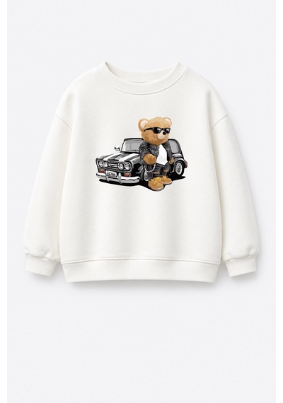 Monila Erkek Çocuk Ekru Araba Baskılı Pamuklu Sweatshirt Ve Antrasit Çizgili Eşofman Alt Üst Takım