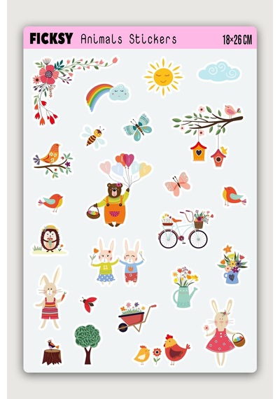Sevimli Hayvanlar Sticker Seti - 24 Adet Etiket Çıkartma Çok Renkli