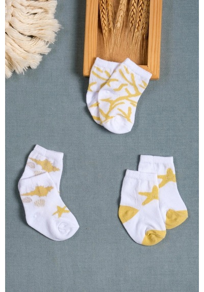 Cocole Socks Kız Çocuk Soket Çorabı 3 Lü Set Pamuklu Hardal & Mercan Desenli Çok Renkli