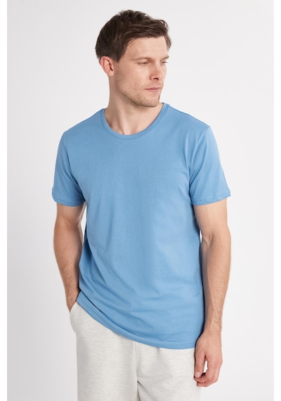 Tudors Unisex Slim Fit Dar Kesim %100 Pamuk Yumuşak Dokulu Mavi Bisiklet Yaka Tişört-34606 Mavi