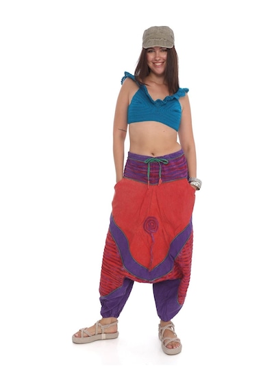 Bohem Stil Hint Otantik Yıkamalı Taşlanmış Patchwork Unisex Şalvar Pantolon-9188 Mor