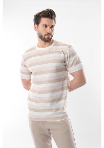 Madmext Bej Bisiklet Yaka Çizgili Erkek T-shirt E7118 Bej