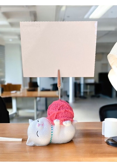 Tatlı Pembe Kawaii Yumaklı Kedi Fotoğraf Not Tutacak Ofis Masası Not Tutacağı Pembe