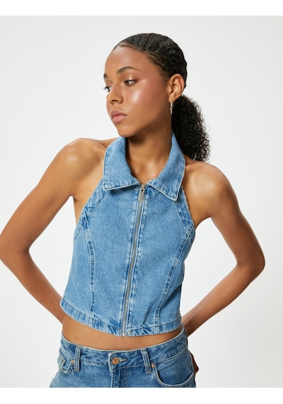 Koton Halter Yaka Denim Crop Top Fermuarlı Sırt Dekolteli Slim Fit Açık İndigo 4sal30034md Açık İndigo Koton Halter Yaka Denim Crop Top Fermuarlı Sırt Dekolteli Slim Fit Açık İndigo 4sal30034md Açık İndigo