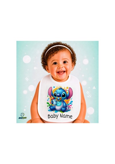 Kişiye Özel Stitch Keten Bebek Mama Önlüğü Yumuşak - Emici - Yıkanabilir - Özel Tasarım P108 Çok Renkli
