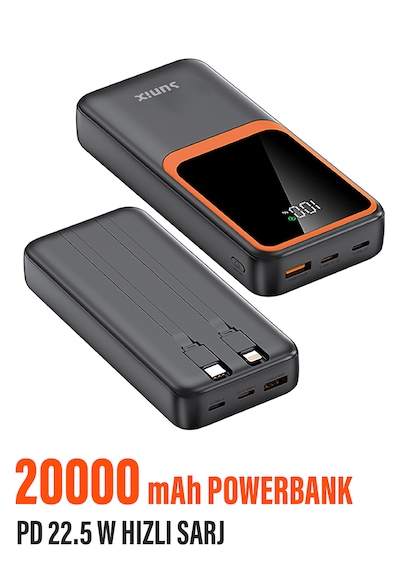 20.000 Mah Hızlı Şarj Pd 22.5w Powerbank Lightning Type-c Çıkışlı Dijital Göstergeli Kendinden Kablo Siyah