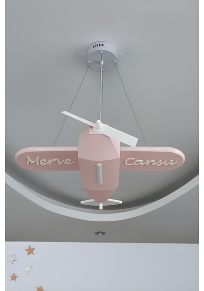 Uçak Temalı Led Çocuk Odası Sarkıt Avize 70x80 Kişiye Özel , El Yapımı Görünüm Pastel Pembe Pastel Pembe