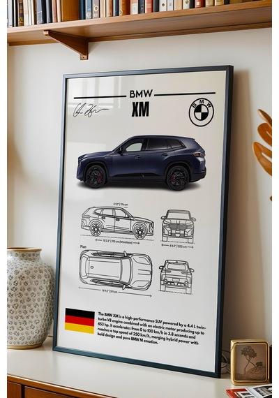 Bmw Xm Tablo - Teknik Özellikli Hibrit Süper Suv Poster - Çerçeveli Duvar Dekoru - Araba Blueprint Siyah