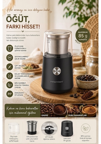 Premier PCG 9701 150 W Çıkarılabilir Paslanmaz Çelik Hazneli Kahve Ve Baharat Öğütücü