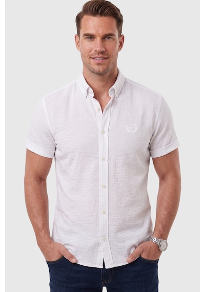 Rizzup Erkek Slim Fit Likralı Jakar Dokulu Beyaz Kısa Kol Gömlek Esnek Nakış Armalı 2604356