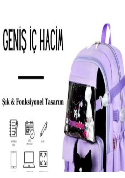 Trg Polo Lila Renk Kuromi Kawaii Kore Tarzı Aksesuarlı Çok Bölmeli Çocuk Okul Çantası