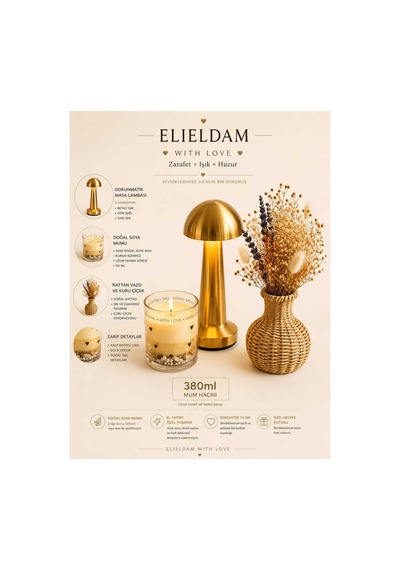 Doğum Günü, Özel Gün, Yeni İş, Yeni Ev Hediyesi Gold Masa Lambası, Kalp Motifli Soya Mum Ve Rattan Vazo Seti