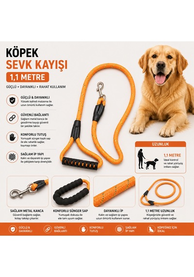Köpek Sevk Kayışı 1,1 Metre Kalın Örgü İp Sünger Saplı Yansıtıcı - Turuncu