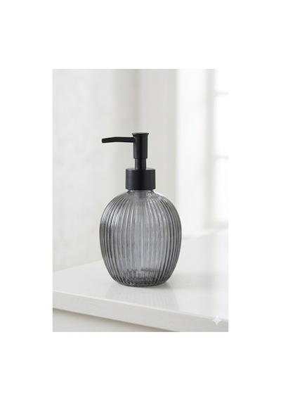 Çizgili Yuvarlak Siyah Pompalı Cam Sıvı Sabunluk - 500ml - 16x10x10 Cm Gri
